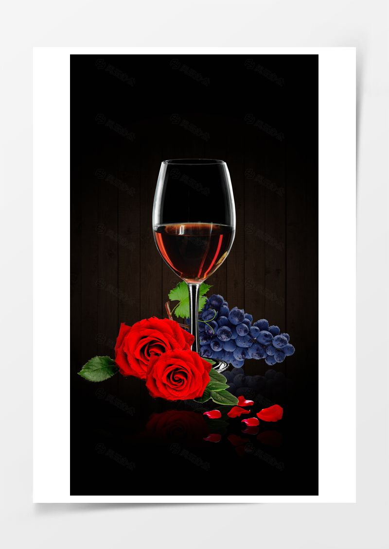 黑色简约红酒杯玫瑰花背景图片