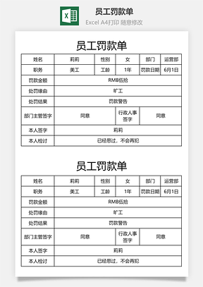 员工罚款单Excel模板