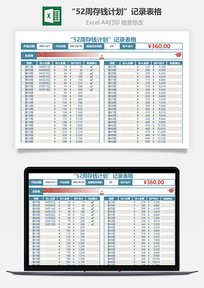 “52周存錢計劃”記錄表格