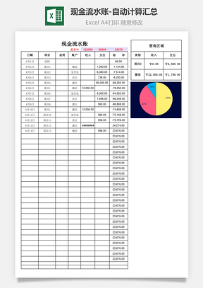 现金流水账自动计算汇总Excel模板
