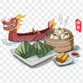 端午节卡通手绘龙舟粽子元素