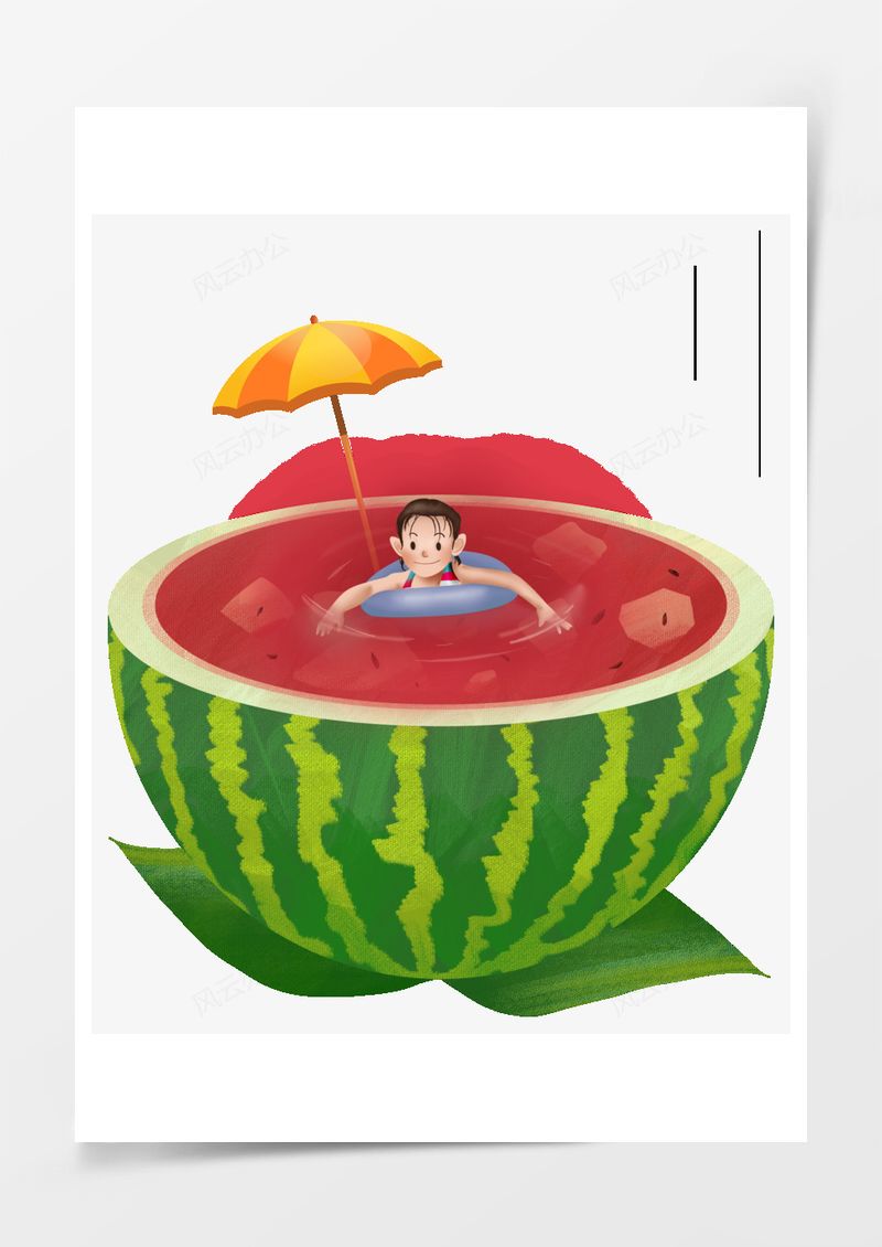 西瓜小男孩游泳手绘透明图PNG素材图片