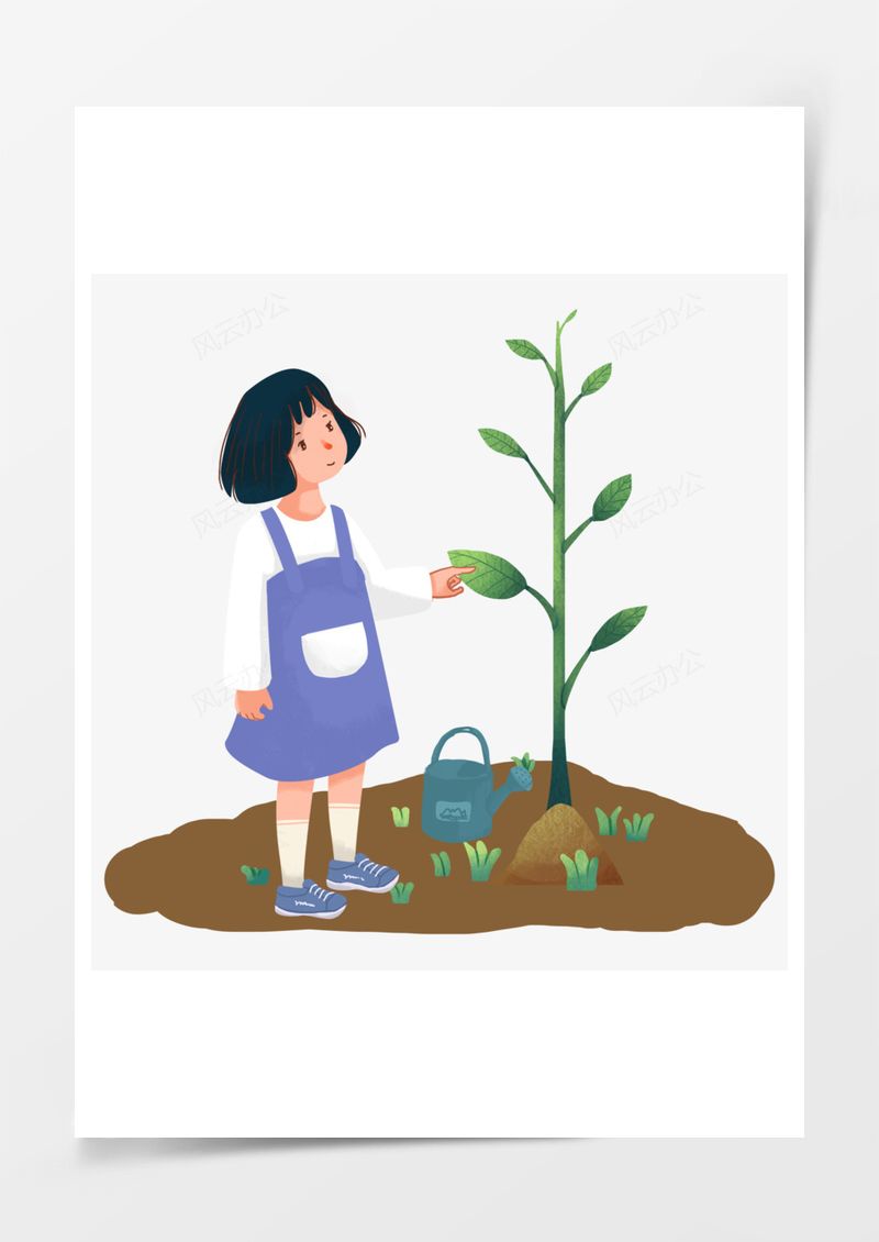 植树节女孩种树手绘元素PNG素材图片
