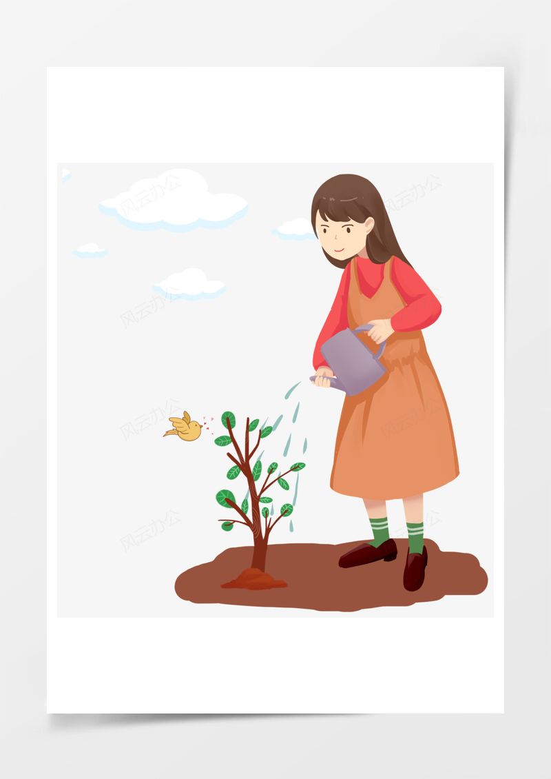植树节女孩种树手绘元素PNG素材图片