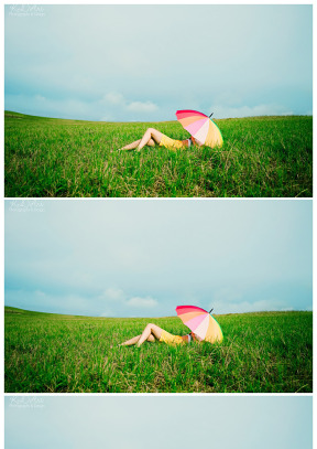 女孩在草地撑着伞休息幻灯片背景