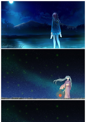 童话夜空卡通矢量女孩望月守望ppt图片