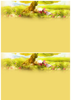 大树下 花丛中 躺着看书的小女孩ppt背景图片