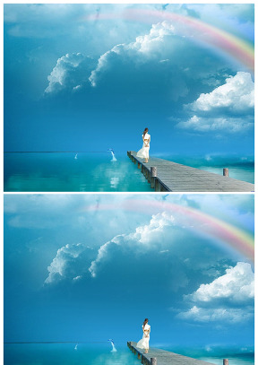 蓝天 彩虹 海岸码头 女孩背景图片