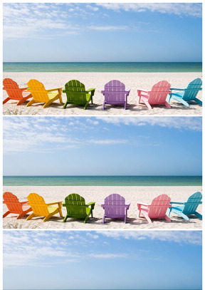 沐浴阳光彩色躺椅可爱沙滩背景图片