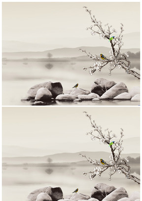 鸟儿 梅花山水意境中国风水墨背景图片