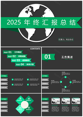 创意扁平黑绿年终总结汇报PPT模板