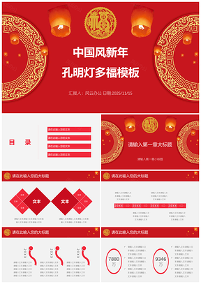2025红色中国风新年孔明灯多福PPT模板