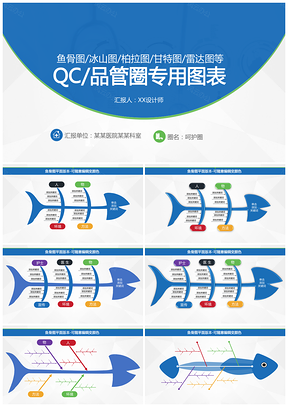 蓝色品管圈QC专用图表鱼骨图柏拉图冰山图甘特图PPT模板
