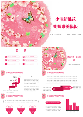 2025粉色小清新桃花蝴蝶唯美PPT模板