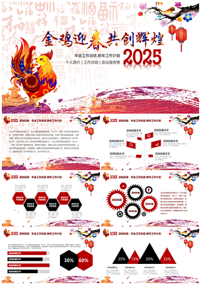 2025红色金鸡迎春共创辉煌鸡年元旦工作计划总结汇报PPT模板