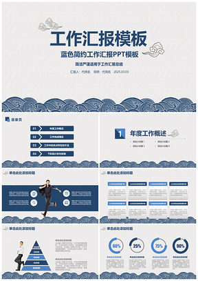 2025蓝色简约创意青花瓷商务工作总结动态PPT模板