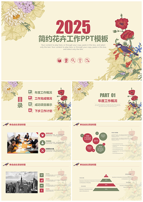 2025黄色中国风花鸟国画简约商务总结动态PPT模板