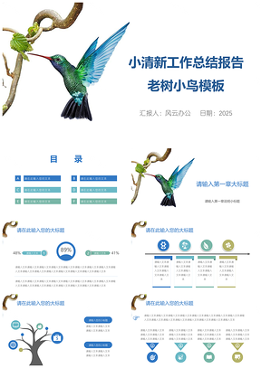 2025蓝色小清新工作总结报告老树小鸟PPT模板