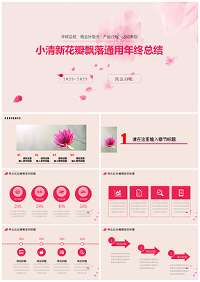 2025粉色小清新花瓣飘落通用年终总结PPT模板