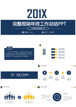 藍色完整框架年終工作總結計劃PPT模板