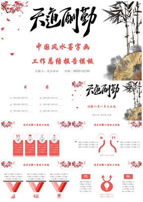 2025白色中国风水墨字画工作总结报告PPT模板