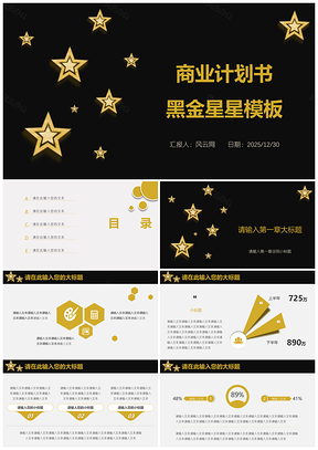 2025黑色黑金星星商业计划书工作计划演讲报告PPT模板
