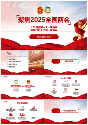 2025红色两会聚焦全国两会亮点看点监察法速览PPT模板