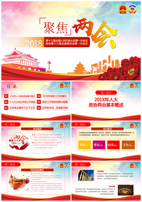 红色聚焦全国两会专题政府工作报告PPT模板