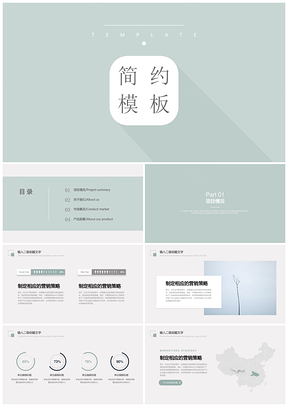 蓝灰色系小清新简约汇报清新总结PPT模板