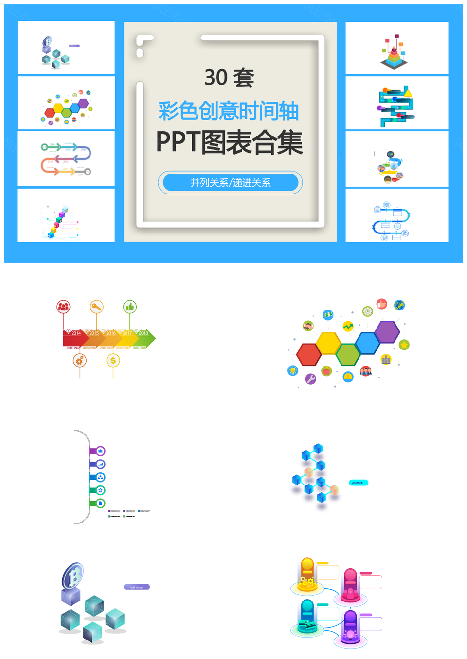彩色创意时间轴并列关系递进关系PPT图表合集