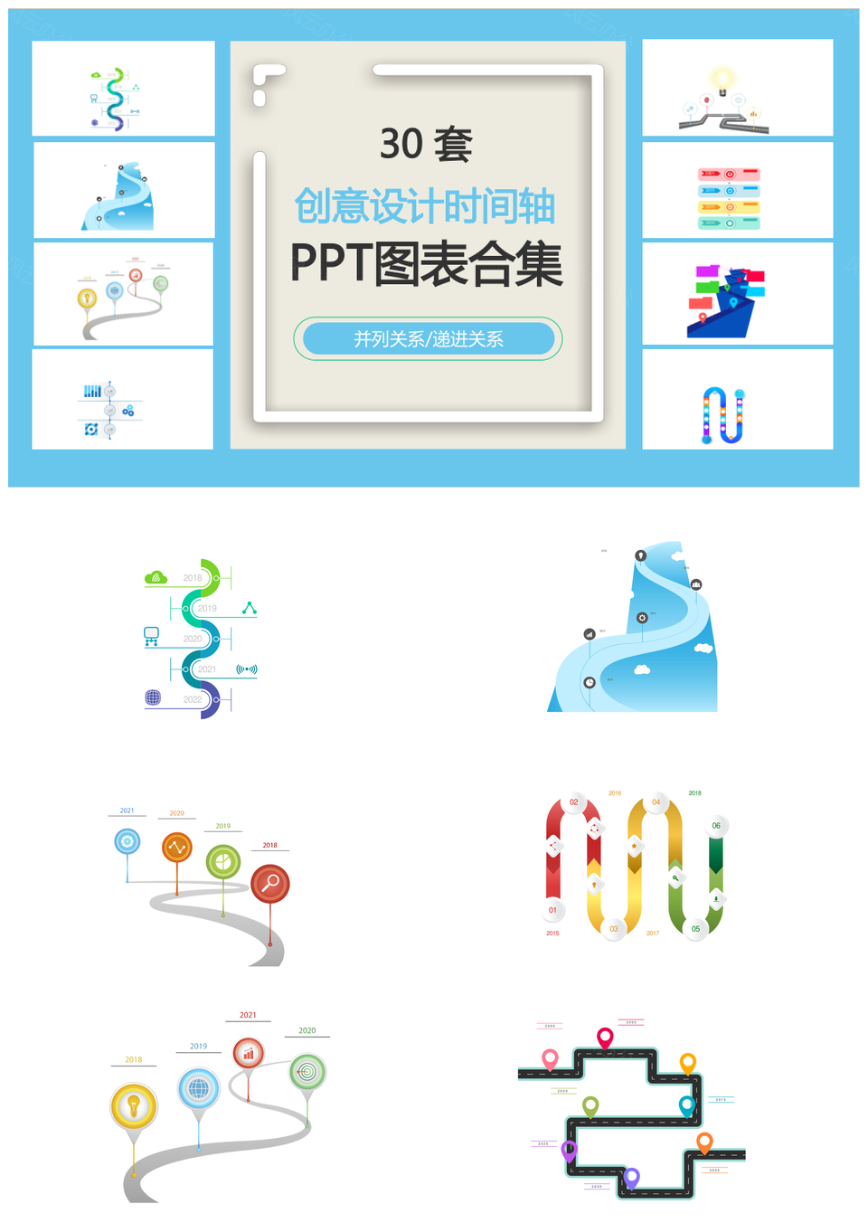 创意设计时间轴并列关系递进关系PPT图表合集