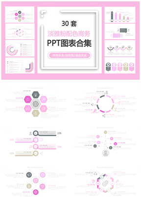 淡雅粉配色商务并列关系流程图递进关系PPT图表合集