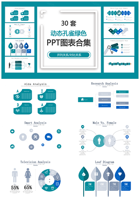 30套動態(tài)孔雀綠色商務(wù)PPT圖表合集