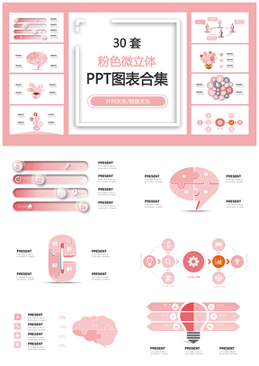 粉色微立体并列关系数据关系PPT图表合集