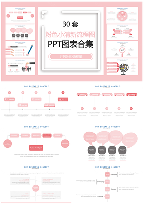 粉色小清新流程图并列关系流程图PPT图表合集