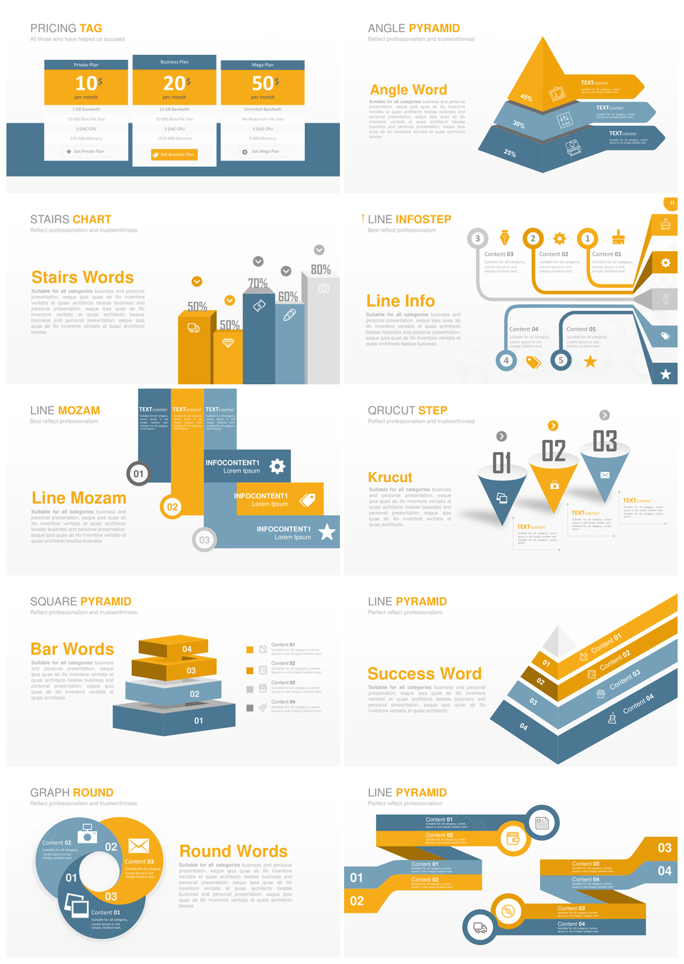 蓝黄配色商务数据关系条形图表格PPT图表合集