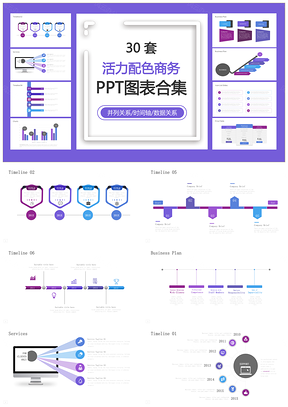 活力配色商务并列关系时间轴数据关系PPT图表合集