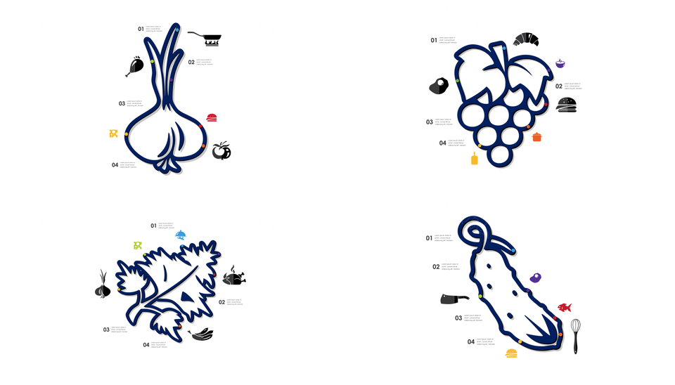 蓝色餐饮食品并列关系数据关系PPT图表合集