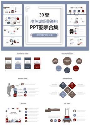 冷色调经典通用并列关系总分关系PPT图表合集