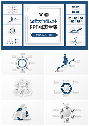 深蓝大气微立体并列关系总分关系PPT图表合集