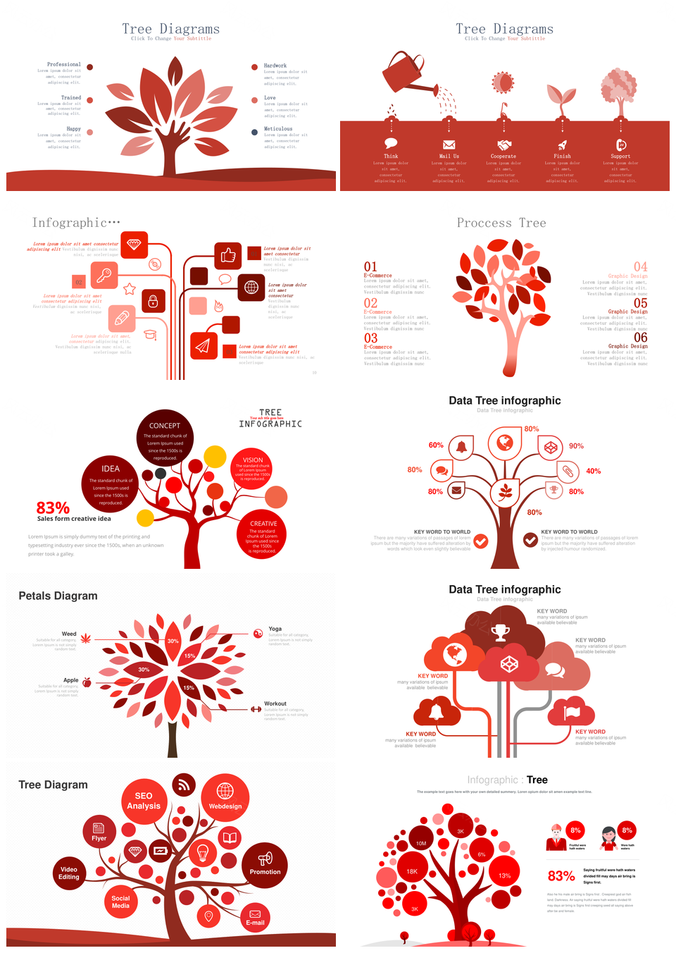 红色树杈PPT模板