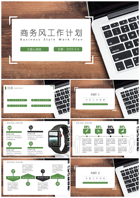 2025總結(jié)計劃綠色商務風工作計劃PPT模板