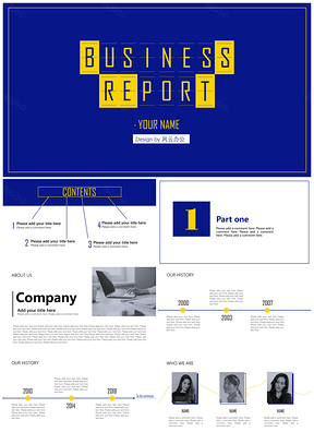 蓝黄撞色杂志风简约商务汇报PPT模板