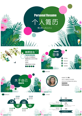 粉色绿色清新个人简历PPT模板