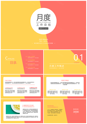 2025月度工作总结撞色简约演示PPT模板