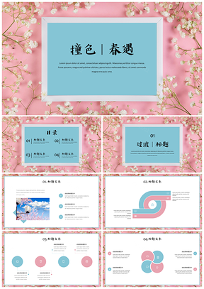粉色撞色春遇唯美小清新PPT模板