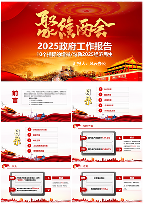 2025彩色两会政府报告聚焦两会关注民生PPT模板