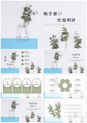 綠色小清新簡約尤加利葉通用PPT模板