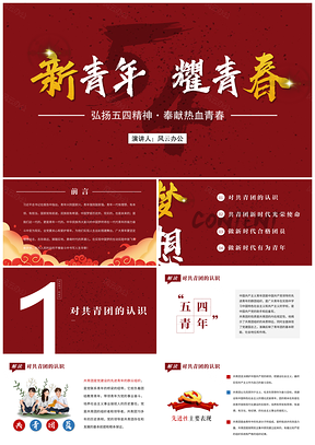 红色五四青年节共青团团委党政党课讲座培训PPT模板