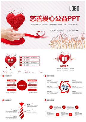 2025红色精美简约慈善爱心公益主题活动PPT模板